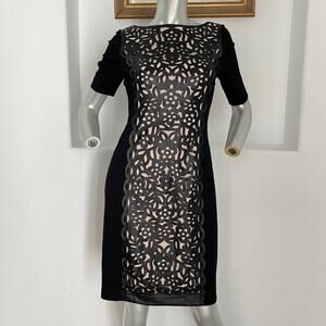 Nue By Shani Faux Leather Laser Cut Combo Black Sheath Dress Size 4